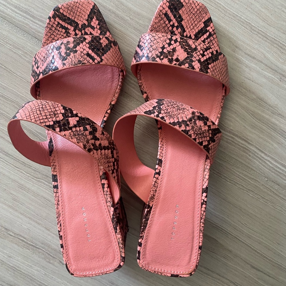 Top shop pink faux lizard double- strap sandals.
